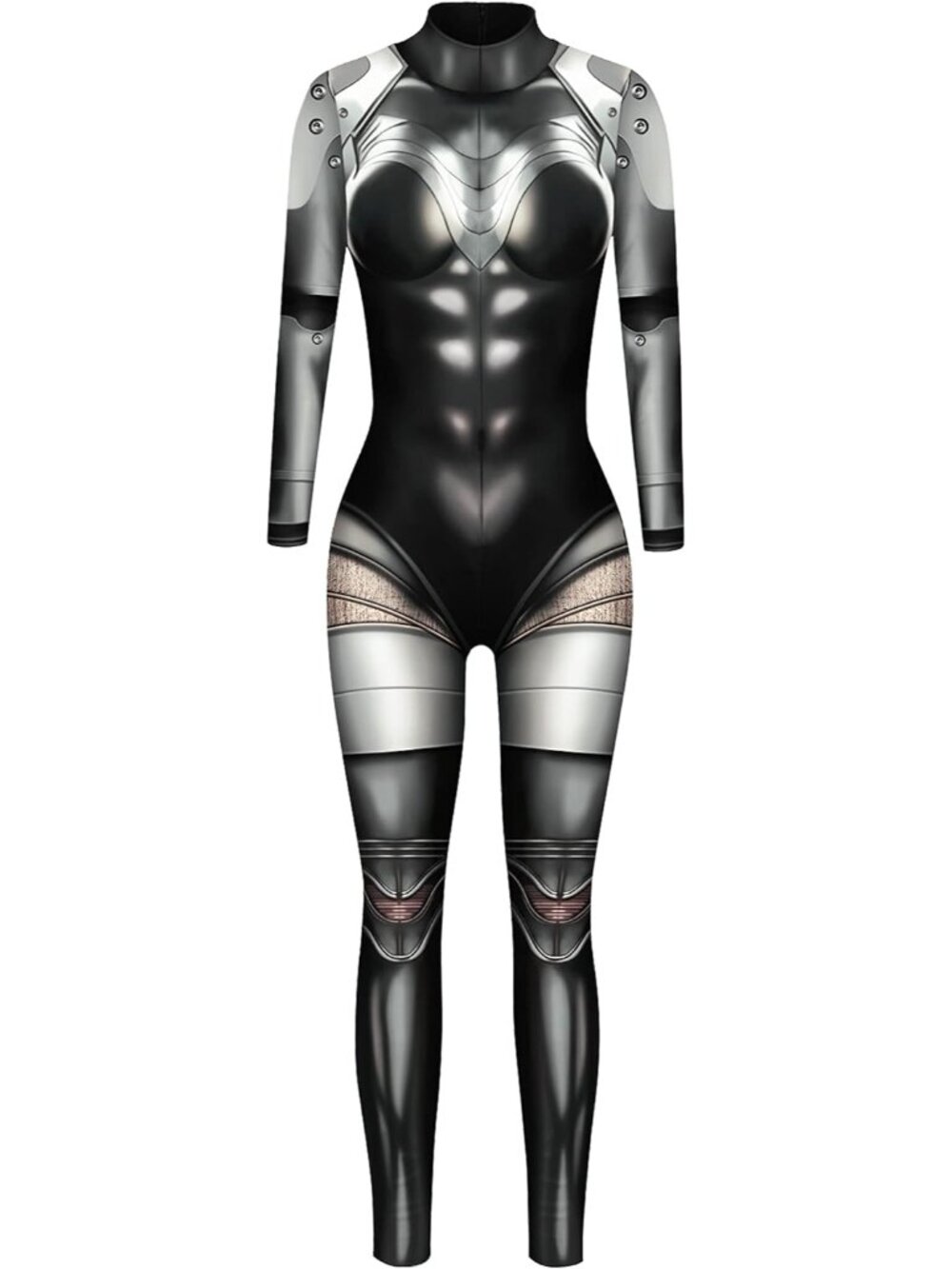Women's Black 3D Armor Cyborg Printed Long Sleeve Halloween Catsuit Bodycon